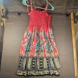 FC Pink Paisley Floral Smocked Tie Shoulder Boho Sundress Womens Size L-XL